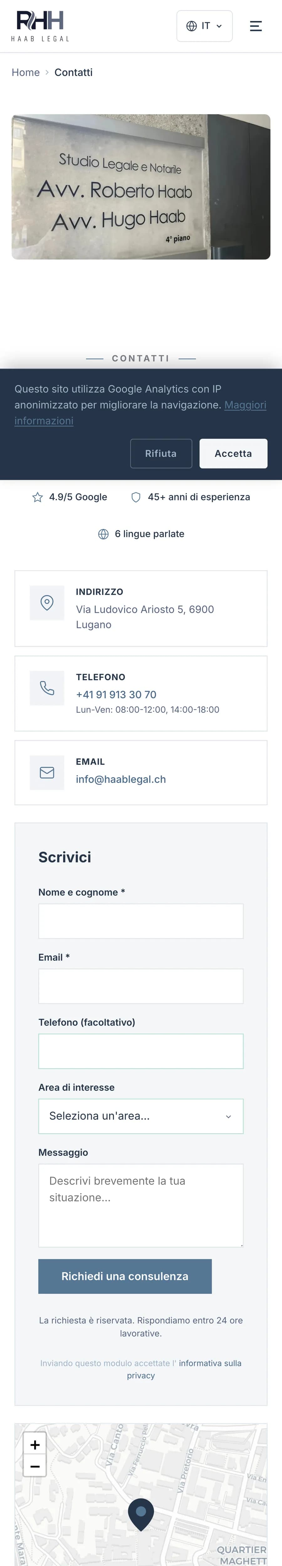 Sezione contatti Haab Legal con telefono ed email diretti