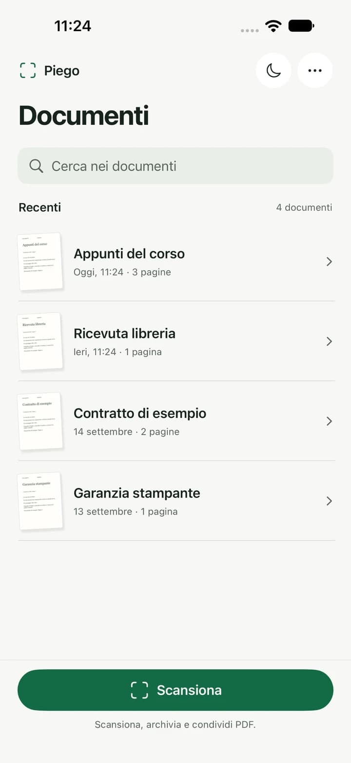 Piego: document archive with search and Scan button