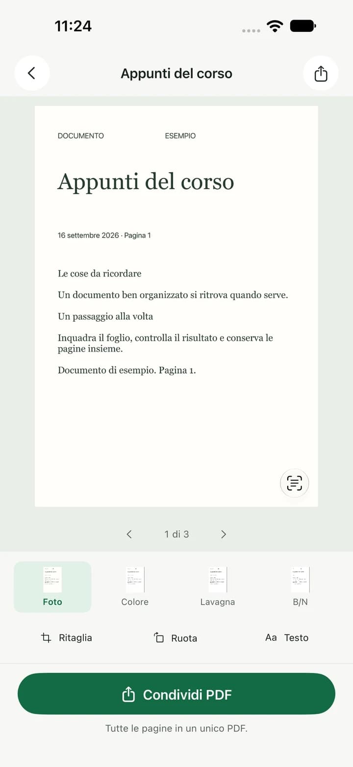 Piego: multi-page document with filters and PDF sharing