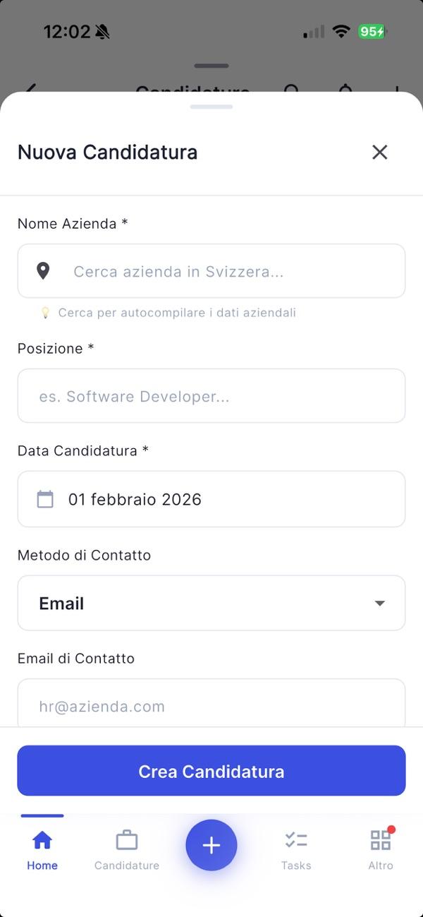 QuoVadis nuova candidatura - form azienda posizione data contatto