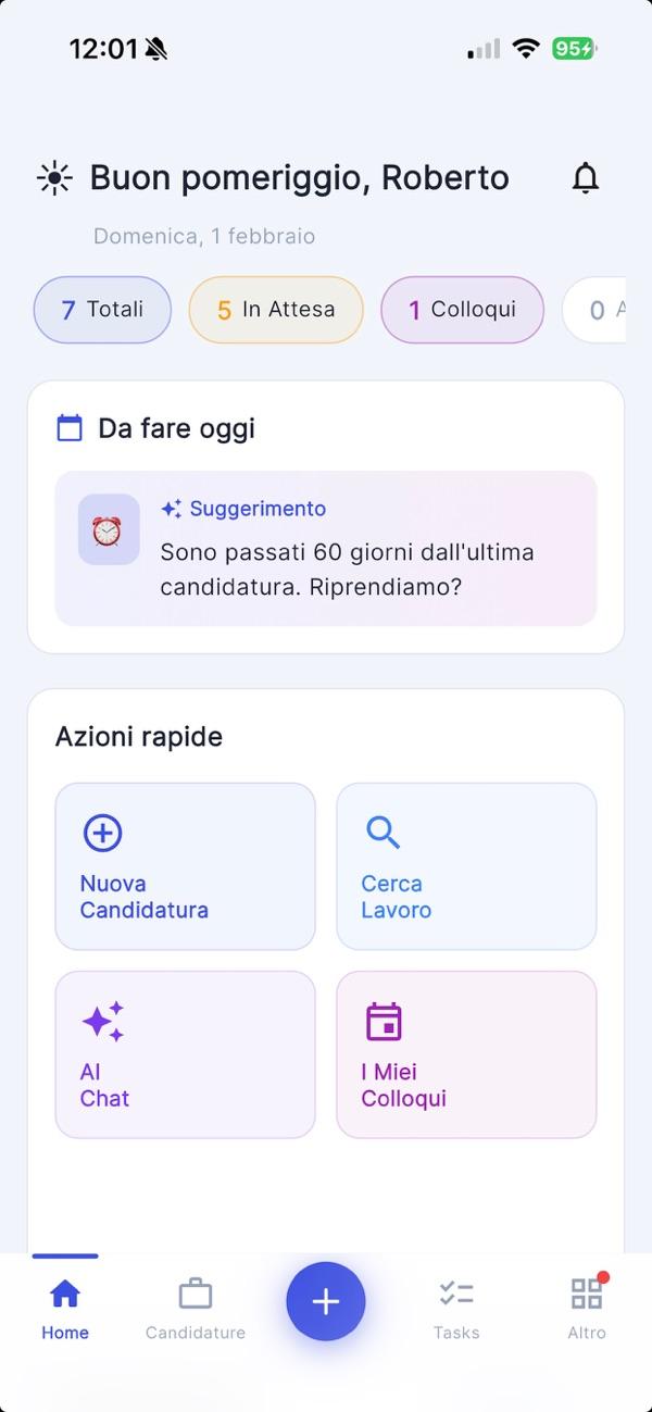 QuoVadis dashboard - azioni rapide candidature AI chat colloqui