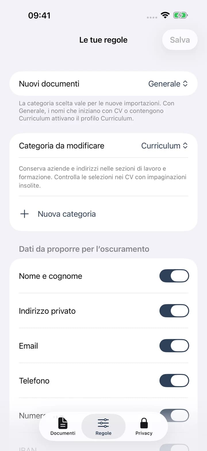 Velacarta: redaction rules and document categories
