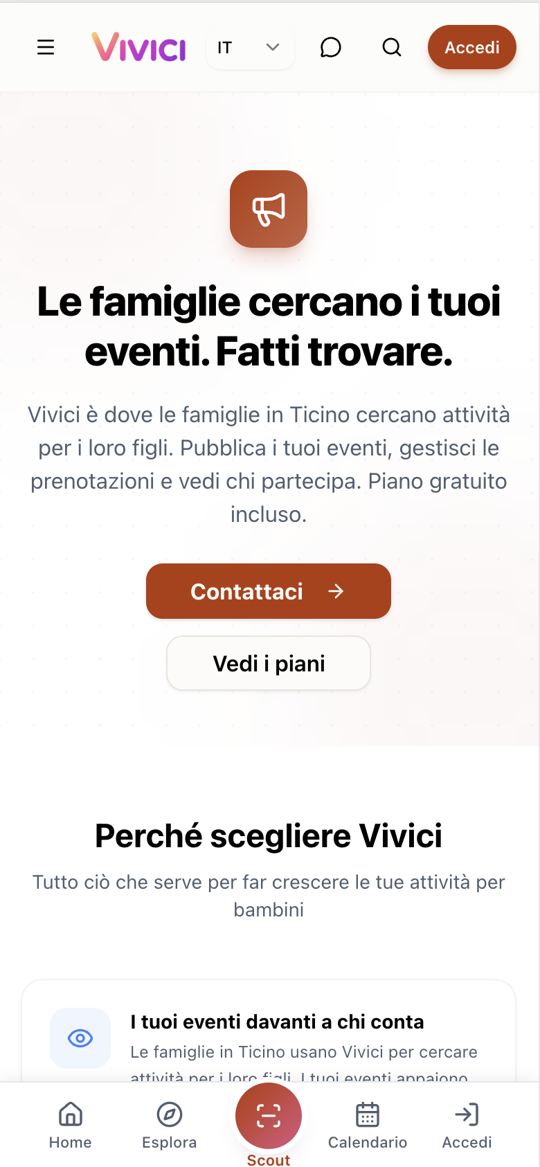 Landing page organizzatori - pubblica i tuoi eventi