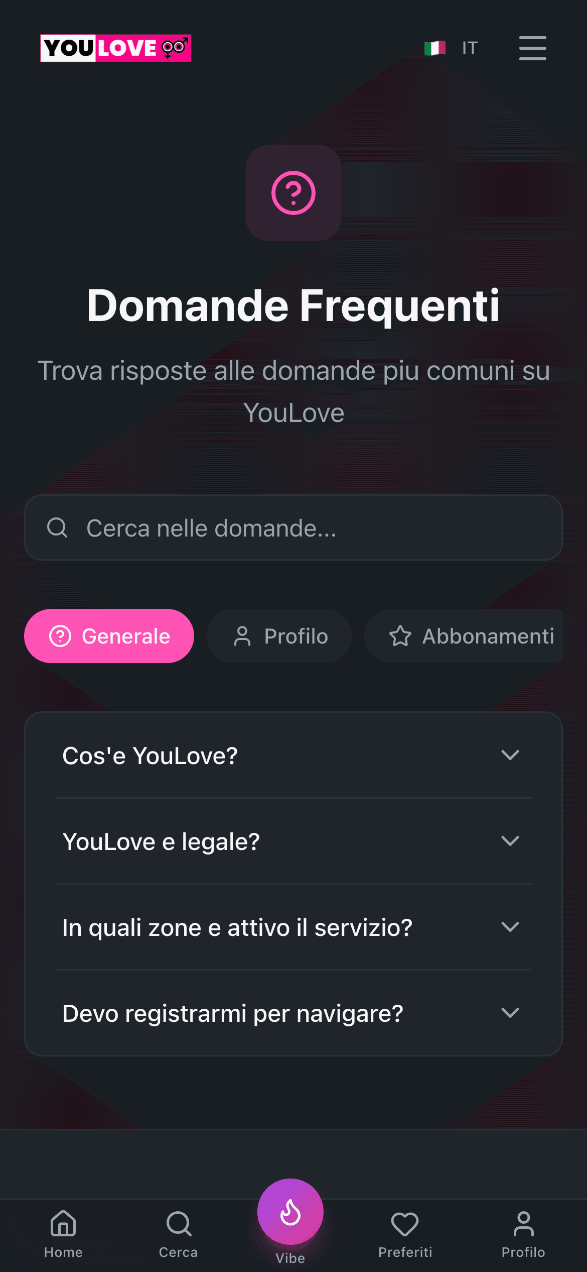 YouLove FAQ - domande frequenti con categorie