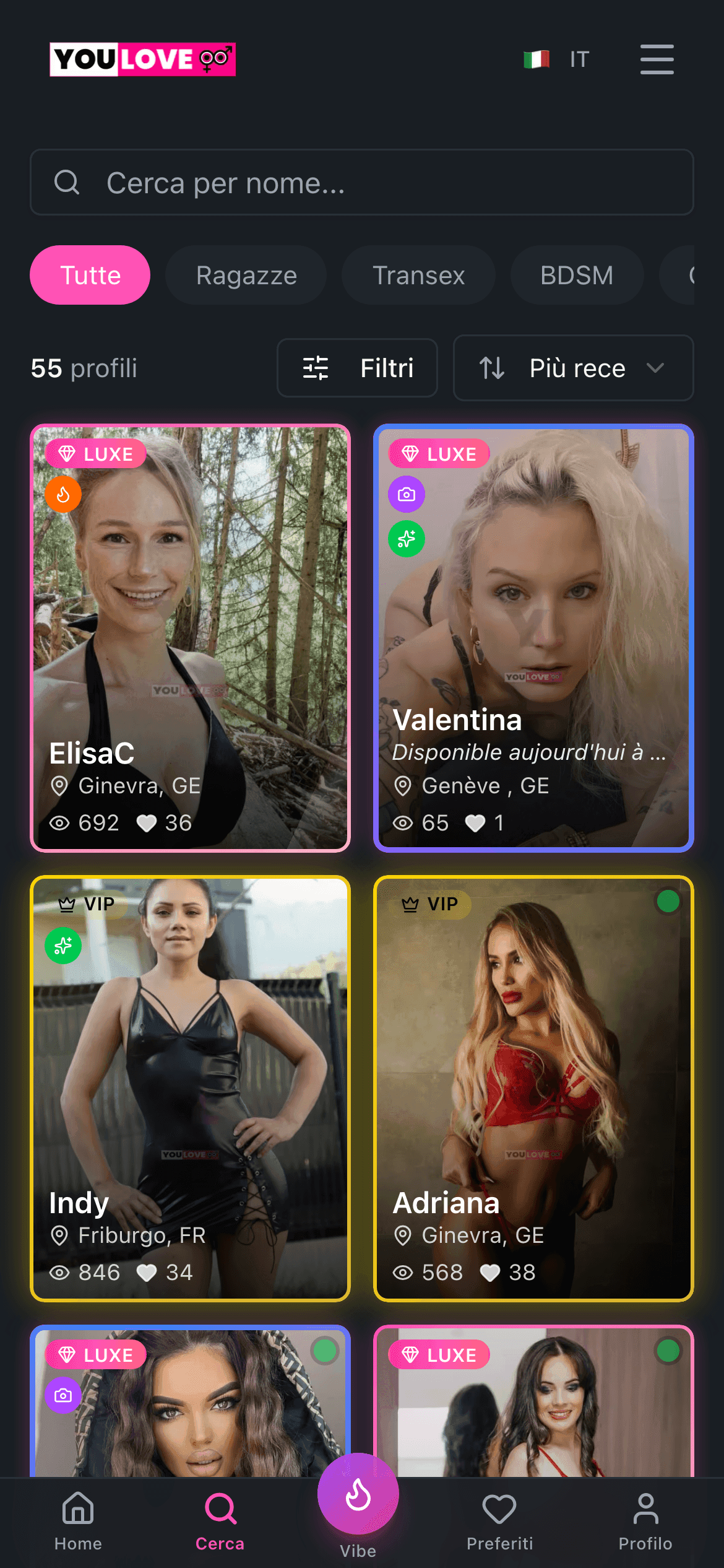 YouLove ricerca - griglia profili con filtri per categoria
